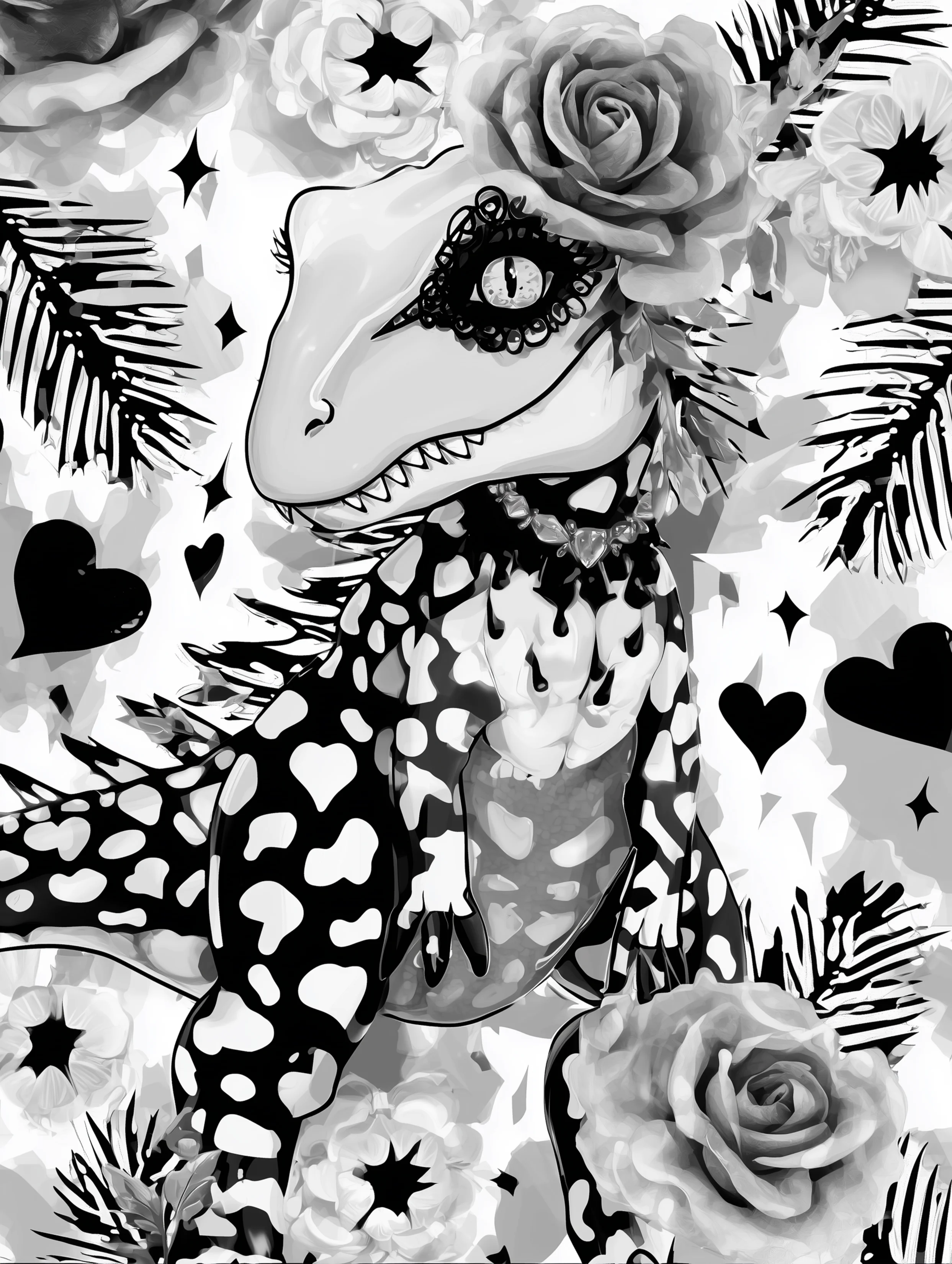Free printable dinosaur coloring page for adults featuring a spotted dinosaur with hearts